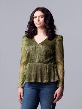 Simply Vera Vera Wang Puff Sleeve Peplum Top Gold & Black Size L